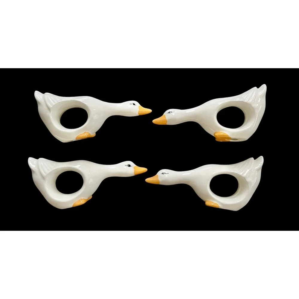 Set Of 4 Vintage Ceramic Geese/ Duck/ Swan White‎ Napkin Rings 4.5